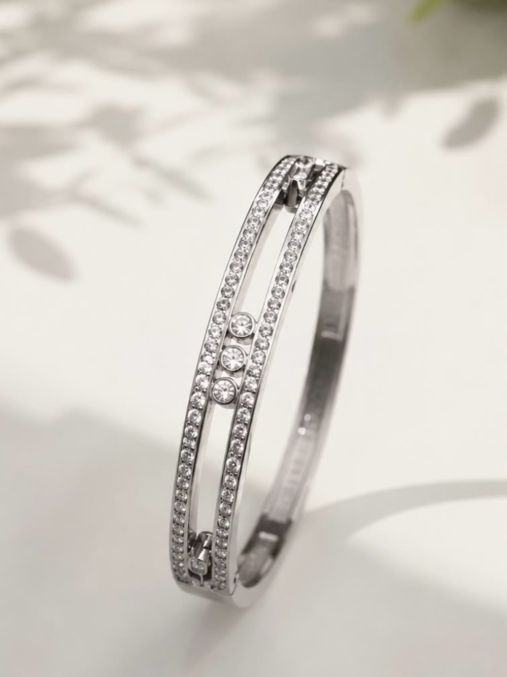 Silver Crystal-Trim Double-Row Bangle